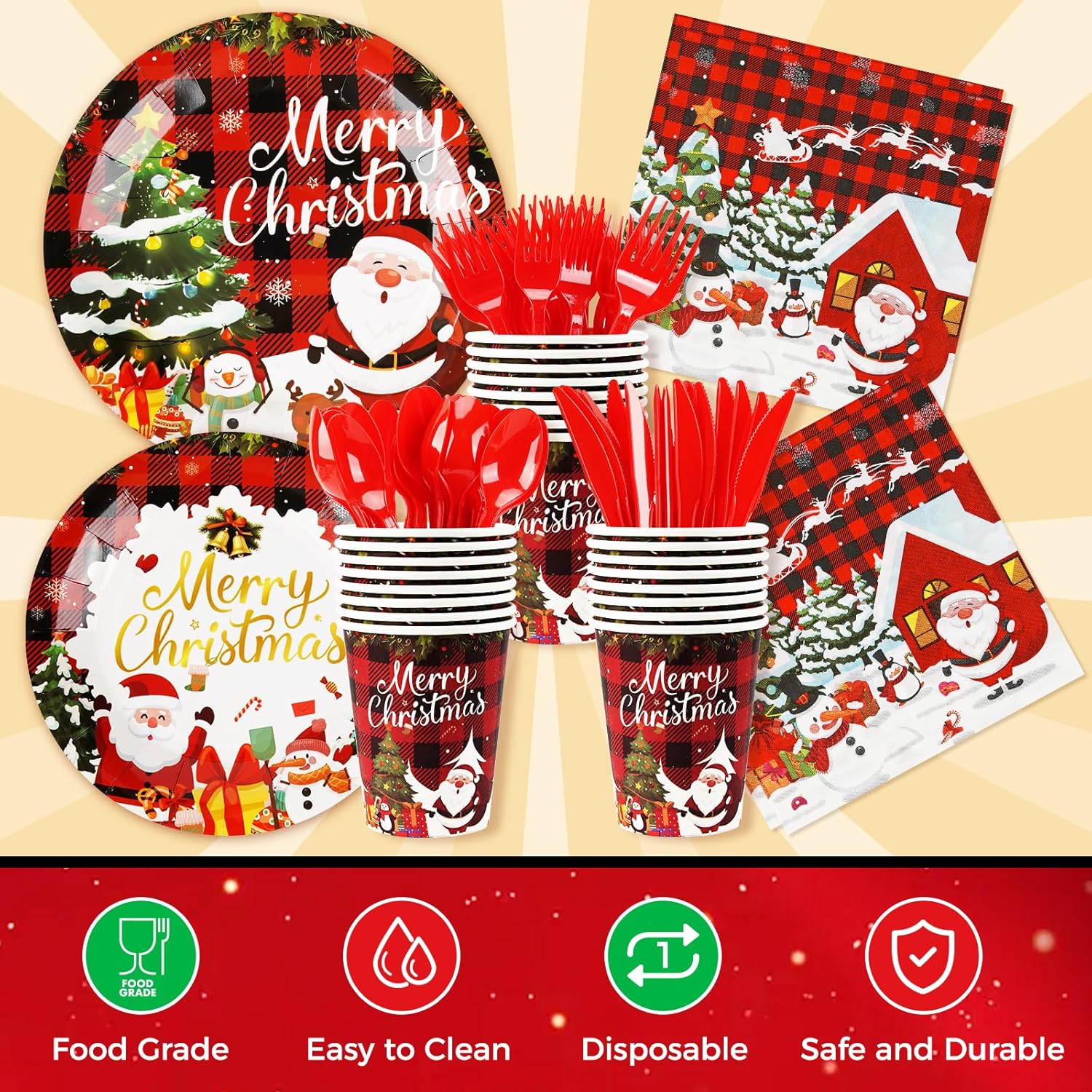 185 Pcs Christmas Party Decorations Christmas Party Supplies Tableware Set Serves 24, With Plates Napkins Cups Fork Knives Spoon Tablecloth Banner Balloons For Xmas Holiday Party Decorations
