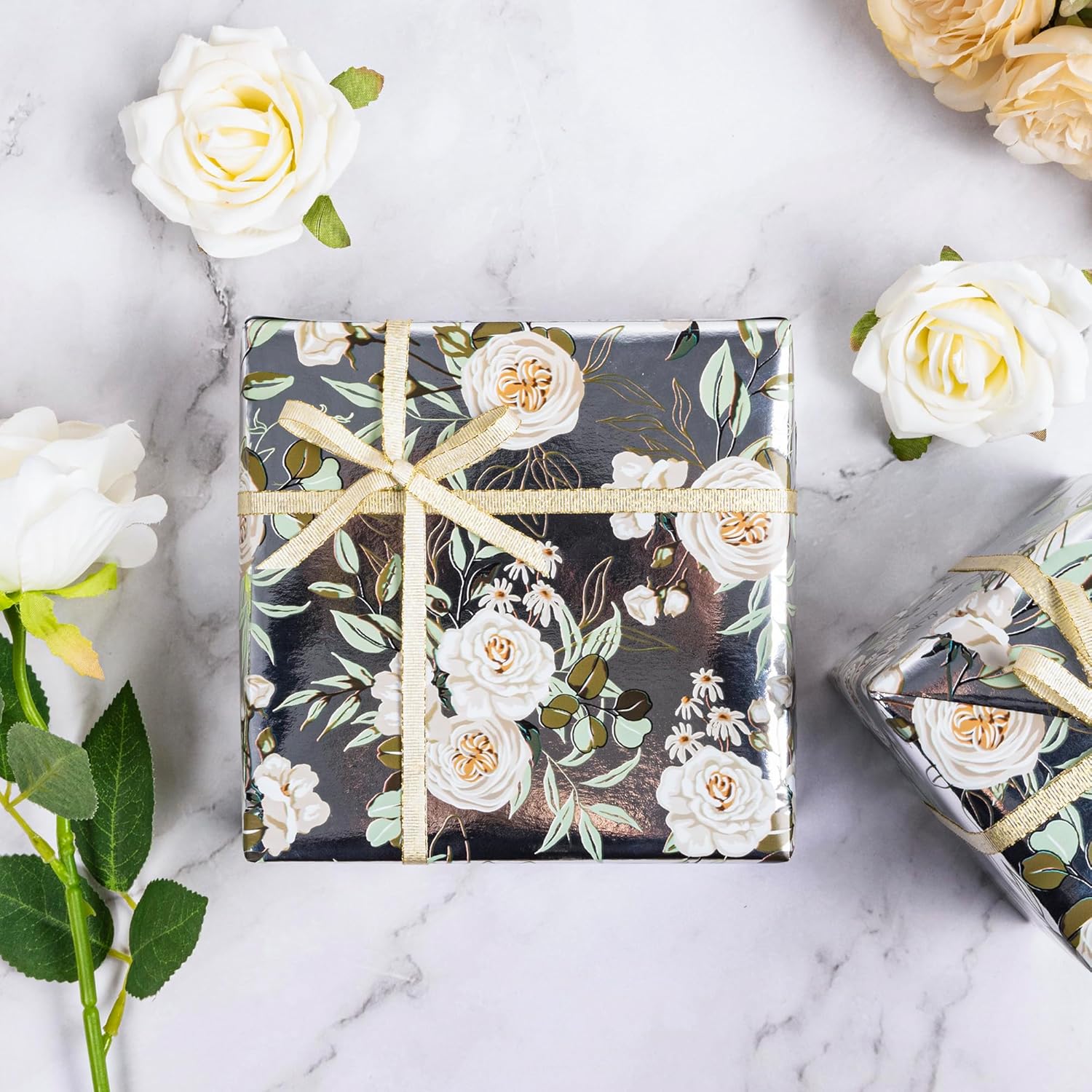 Wedding Wrapping Paper Roll - 17 Inch X 33 Feet - Silver White Floral With Metallic Foil Design Perfect For Mothers Day Wedding Bridal Shower Spring Birthday Summer