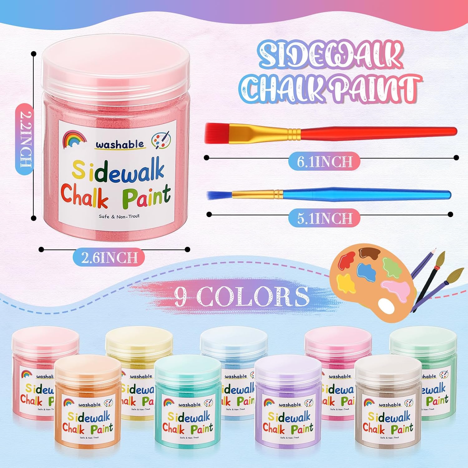 9 Pcs Sidewalk Chalk Paint Kit Non Toxic Paint Washable Powdered Chalks Mix In Water 9 Vibrant Colors With Paintbrush For Creative Sidewalk And Chalkboard Fun