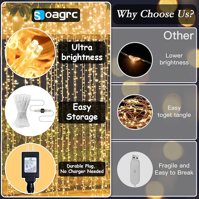 200 LED Curtain String Lights 9.8FT x 6.6FT Warm White Plug In Fairy Lights with Remote 8 Modes Timer Dimmable Waterproof with Hooks for Bedroom Wedding Party Christmas Decor Indoor Outdoor