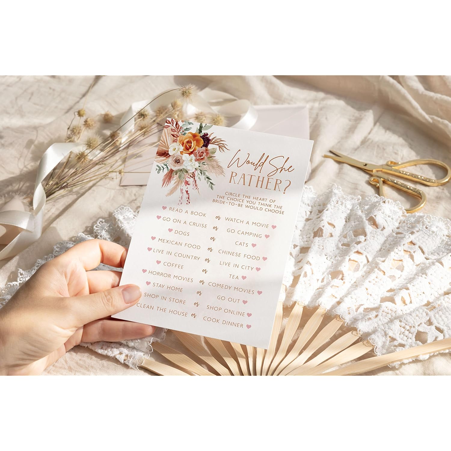 Fun Bridal Shower Games – Boho Floral Terracotta Orange Wedding Activities Set, 25 Double-Sided Cards, Includes Guest Quest, He Said She Said, Would She Rather, And How Well Do You Know The Couple