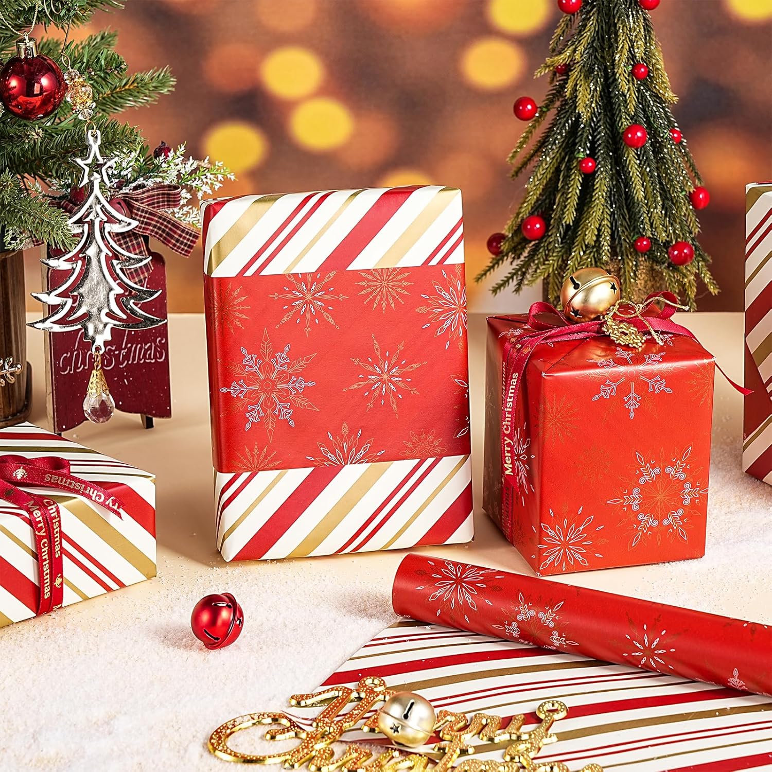 Red Christmas Wrapping Paper Roll, Gold Snowflakes And Holiday Stripes Reversible Elegant Design For Festive Winter Holiday, Family Gathering, For Girls, Kids, Mini Roll 17 In X 16.4 Ft