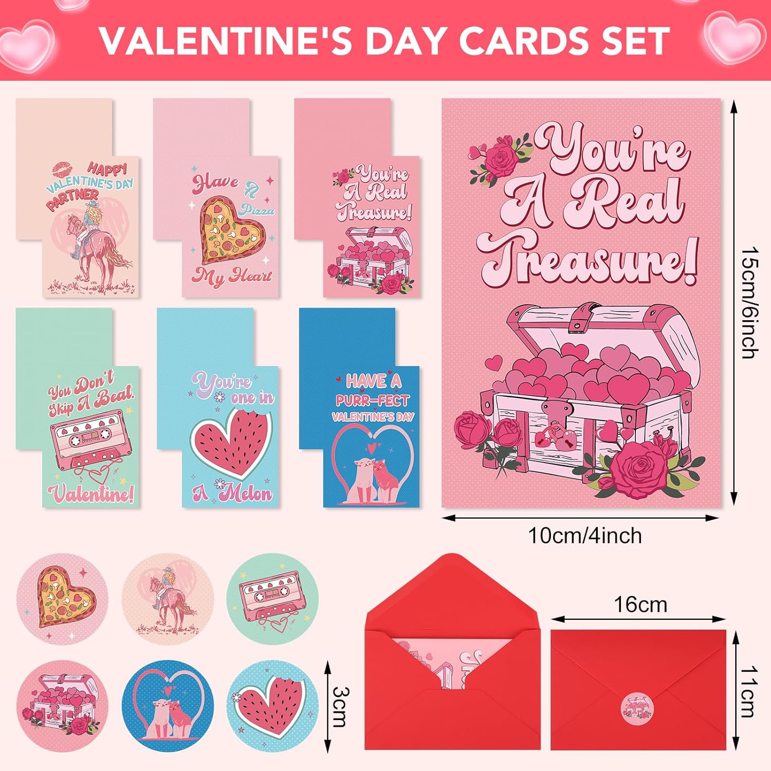 24 Pack Valentines Day Cards, Funny Valentines Card With Envelopes & Stickers, 6 Designs Valentine Cards For Kids Classroom, School, Adults, Family, Friends, Happy Love Notes For Him & Her