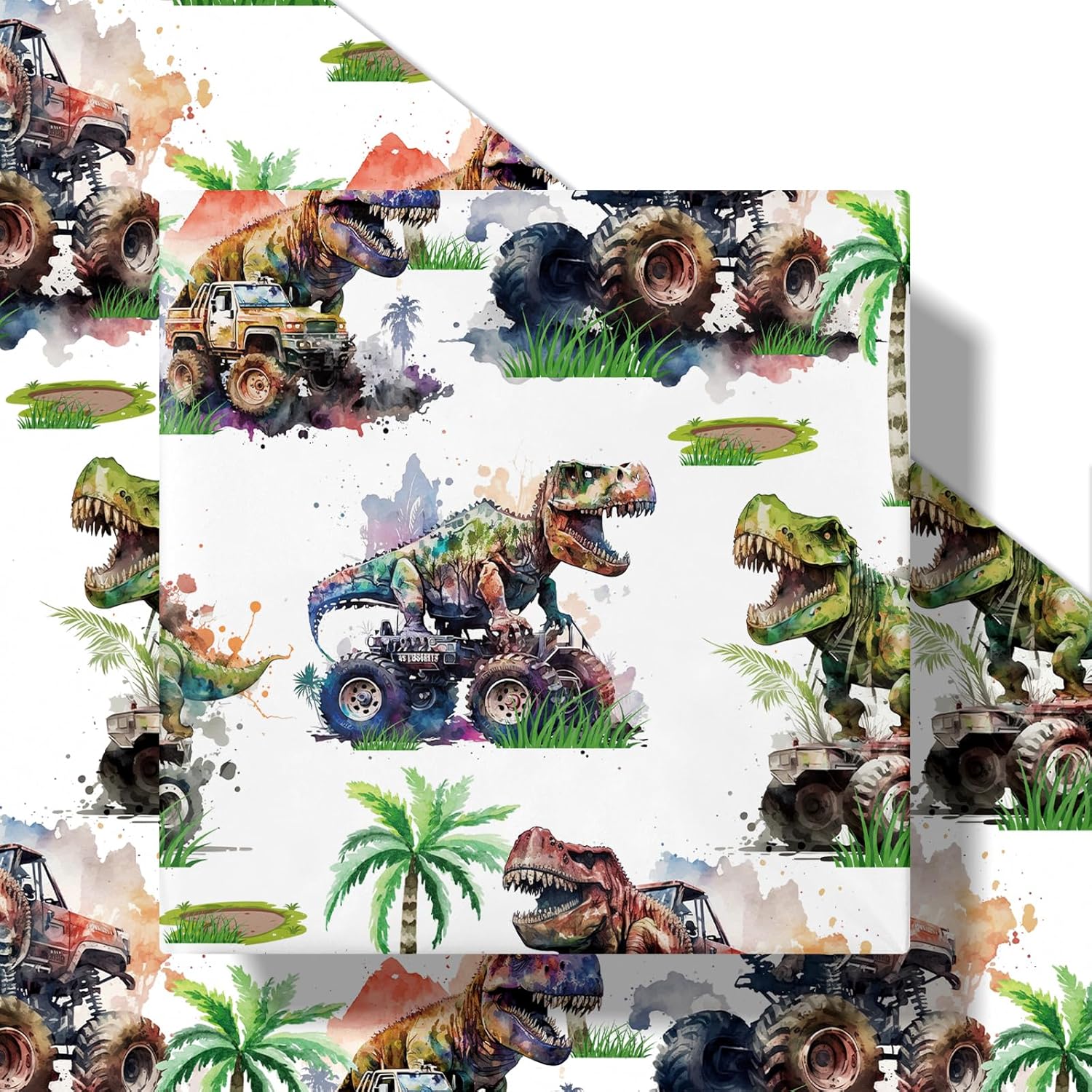Dinosaur Wrapping Paper Roll For Kids Boys, Mini Roll, Watercolor T-Rex And Monster Truck Gift Wrap Paper For Birthday, Dino Party, Adventure Celebration, 17 Inches X 16.4 Feet