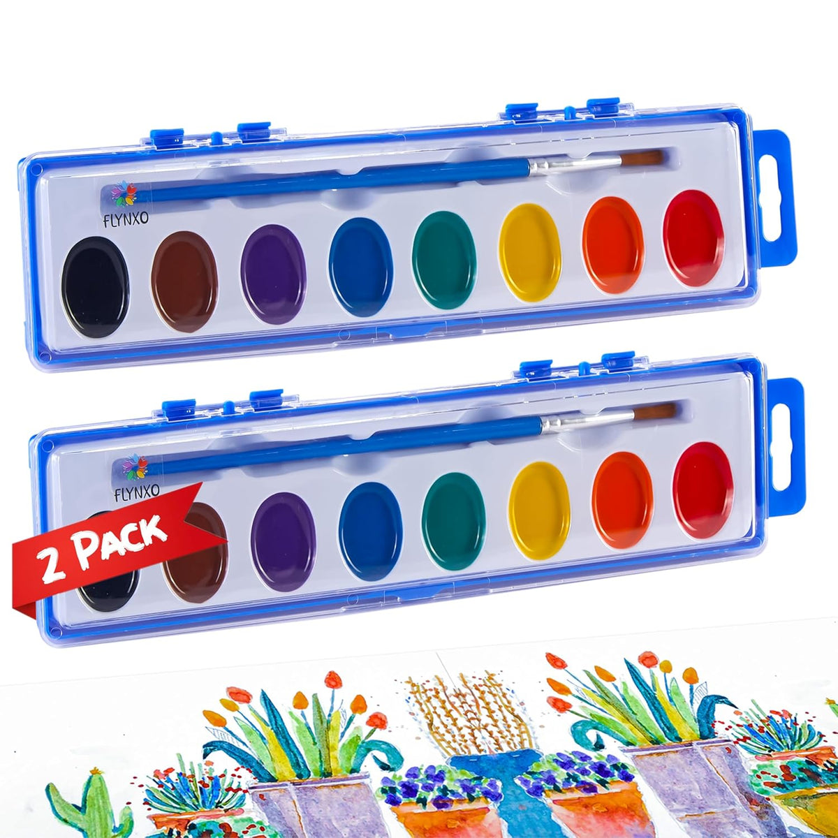 Mini Watercolor Paint Set, 2 Pack, 8 Colors Per Tray, Includes Brushes, Portable Art Supplies For General Use