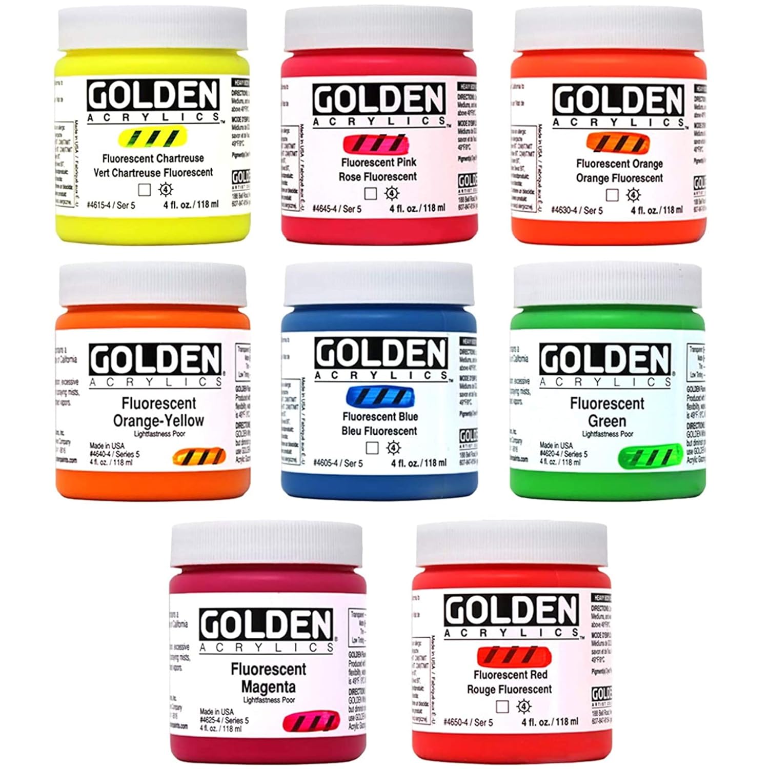 Golden Fluorescent Acrylic Colors Set | 4 Oz Heavy Body Acrylic Paint | Complete Set Of 8 Fluorescent Colors