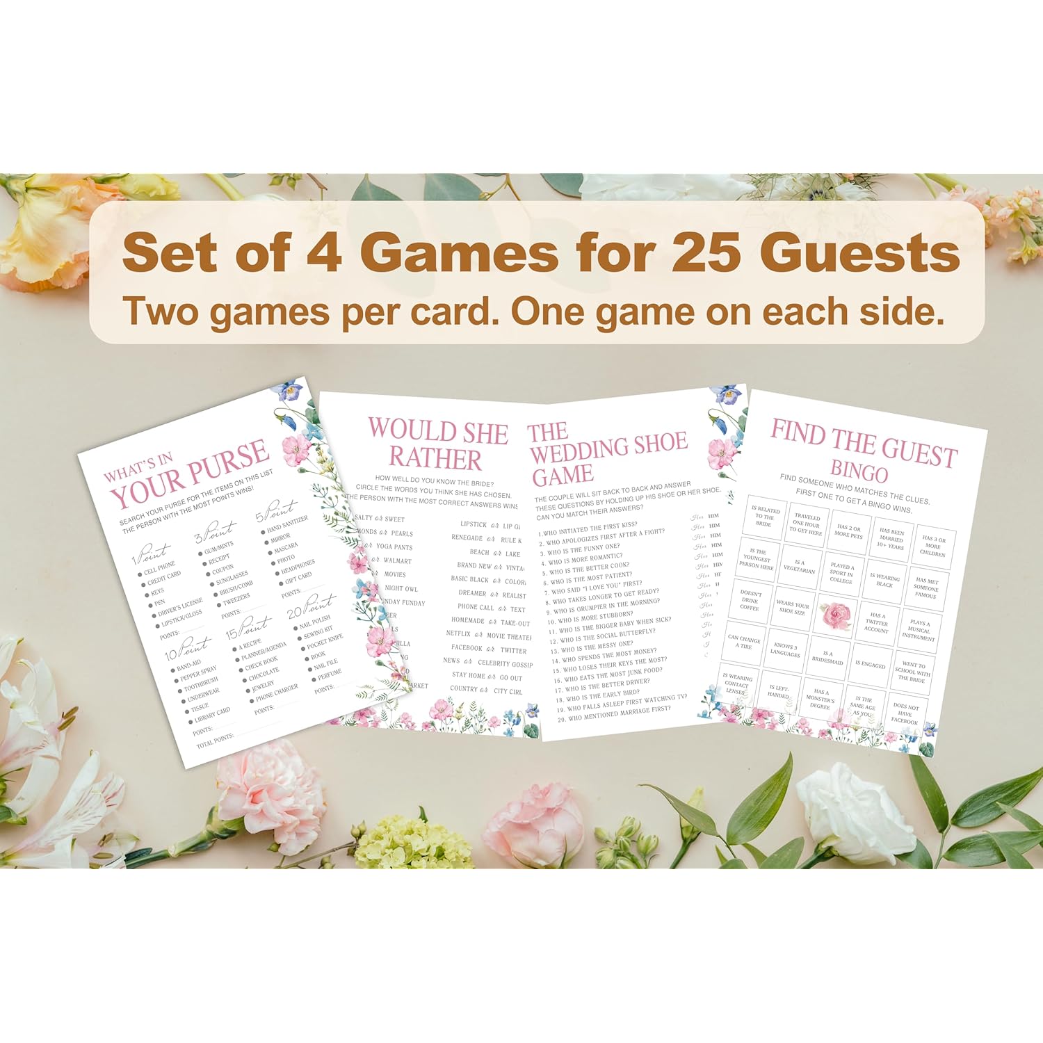 Bridal Shower Games Set– 50 Pack, Floral Wedding Party Games Cards, 4 Game Designs, Newlyweds Party Decoration, Engagement Party Games Supplies, Bachelorette Party Ideas -01