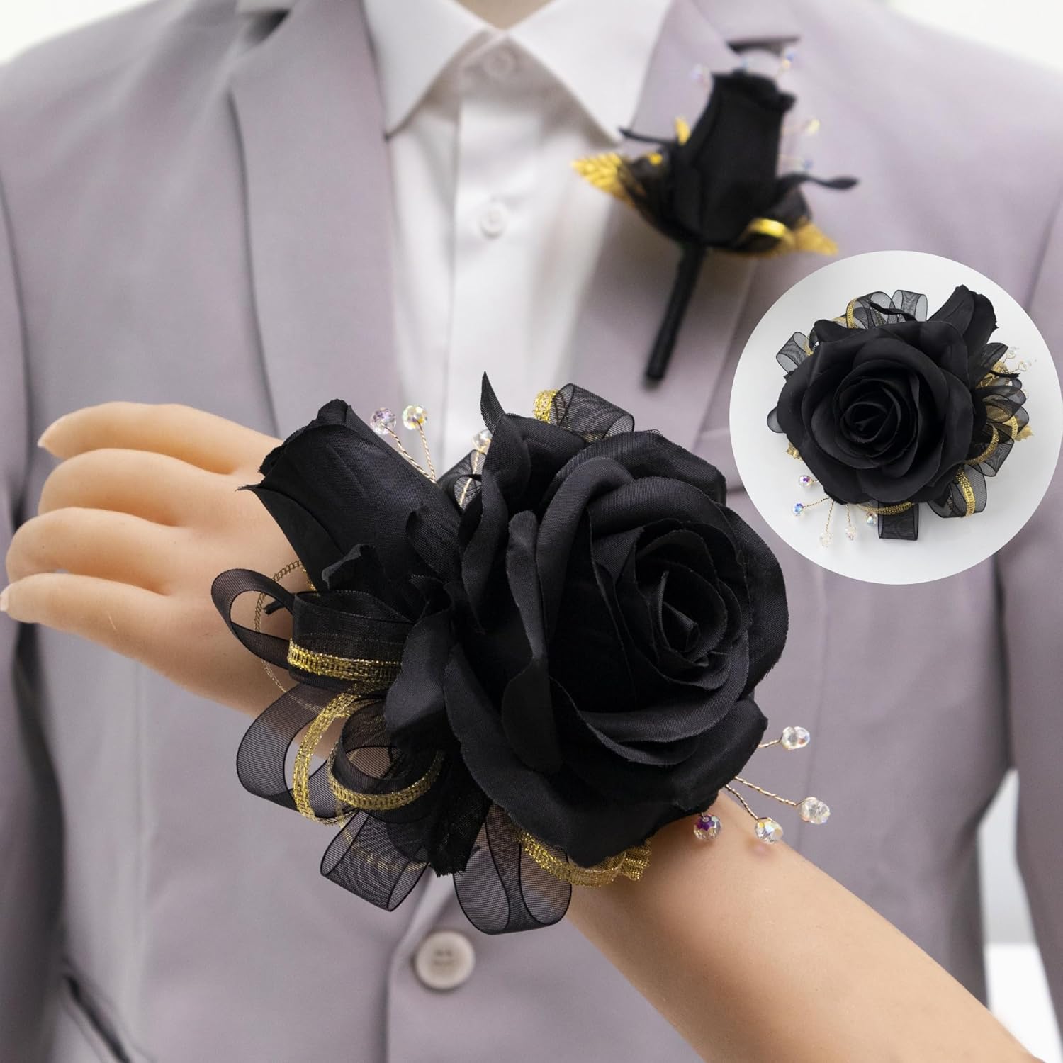 Black Rose Corsage And Boutonniere Set Prom Flower Wrist Corsage Wristlet And Boutonniere Set For Wedding Homecoming Party Decor