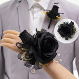 Black Rose Corsage And Boutonniere Set Prom Flower Wrist Corsage Wristlet And Boutonniere Set For Wedding Homecoming Party Decor