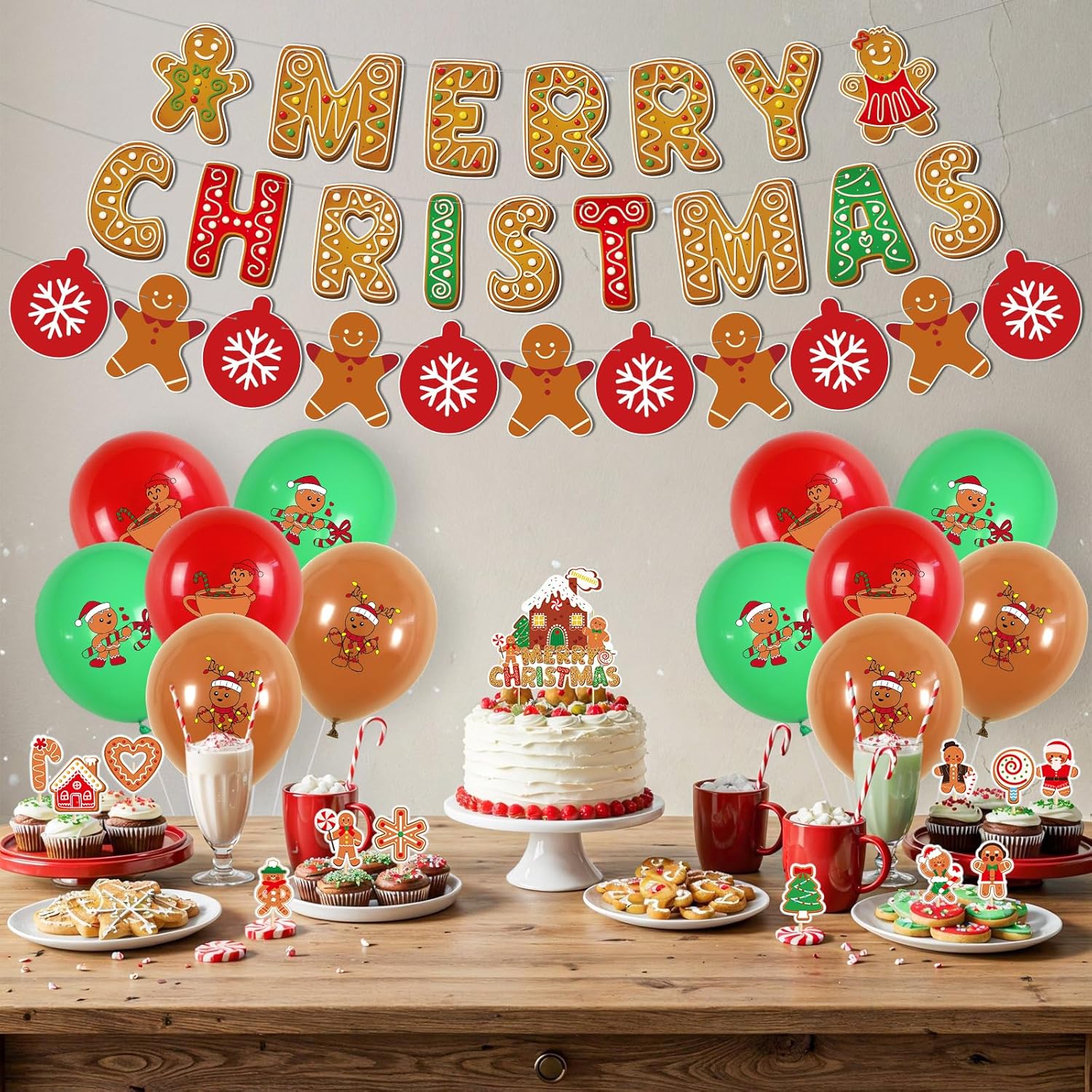 Gingerbread Man Christmas Birthday Party Decorations - Christmas Party Decorations Merry Birthday Banner Gingerbread House Cake Topper Red Green Brown Latex Balloons For Holiday Baby Shower Decor