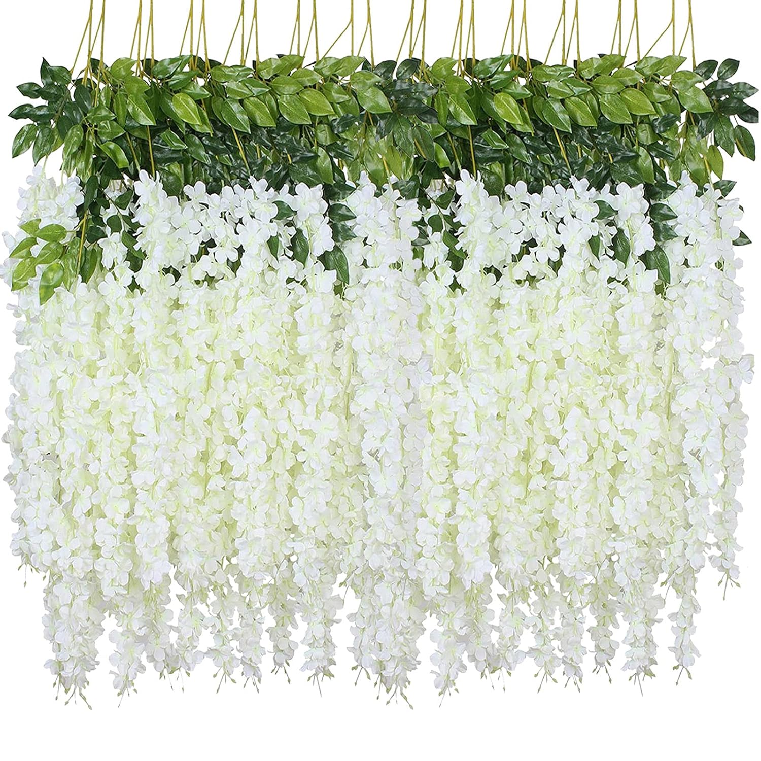 Fake Hanging Flowers - 24 Pieces 3.75 Feet/Piece Artificial Wisteria Vine Ratta Hanging Garland Silk Flowers For Home Party Wedding Decor (White-24Pcs)