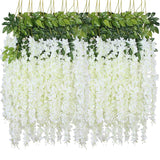 Fake Hanging Flowers - 24 Pieces 3.75 Feet/Piece Artificial Wisteria Vine Ratta Hanging Garland Silk Flowers For Home Party Wedding Decor (White-24Pcs)