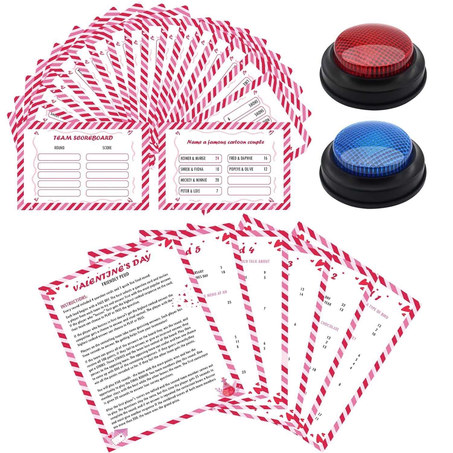 30 Pcs Valentine'S Day Friendly Feud Game With 2 Answer Buzzers,Cupid Card Friendly Feud Quiz,Roomantic Feud Card Game For Adults Couples,Trivia Quiz,Fun Galentine'S Day,Office, Team Building