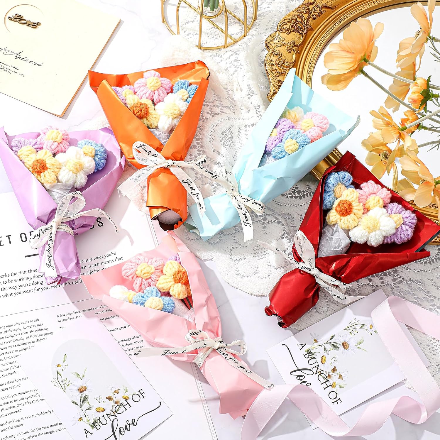 10 Sets Crochet Flowers Bouquet For Mom Grandma Lady Women Handmade Knitted Artificial Flowers With Sunflower A Bunch Of Love Cards In Gift Bags Favors
