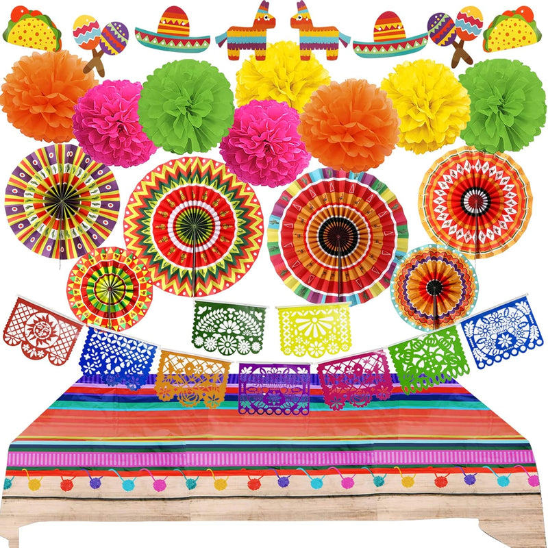 Fiesta Party Decorations, Multicoloured Tablecover Paper Fans Pompoms