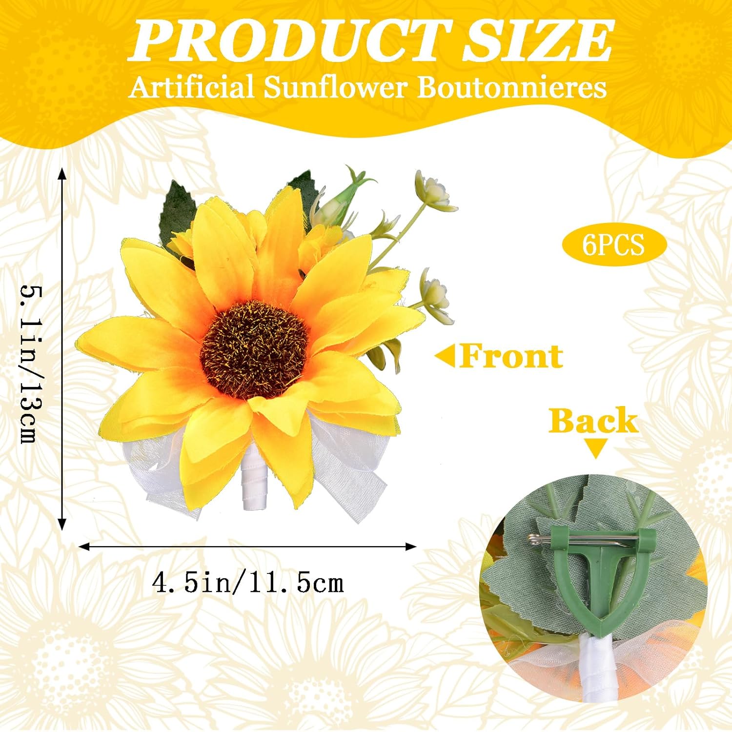 Boutonniere For Prom, 6 Pcs Artificial Yellow Sunflower Corsage Men Wedding Boutonniere Wedding Flowers Anniversary Prom Party Decorations Accessories