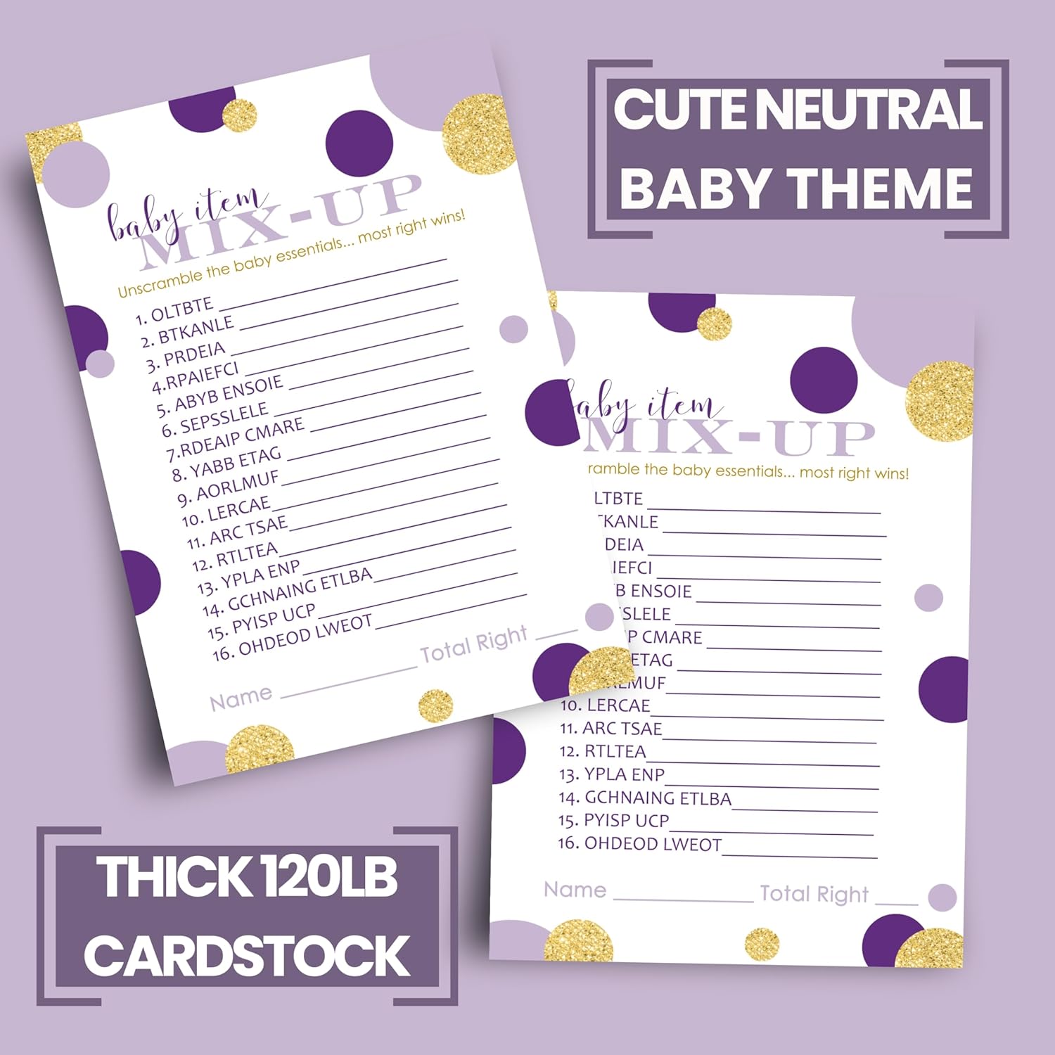 Purple And Gold Baby Shower Games - Word Scramble Game For Girls Or Boys - Fun Gender Reveal Activity With Prizes - Prince Or Princess Theme - 25 Pack, Royal Mermaid Design
