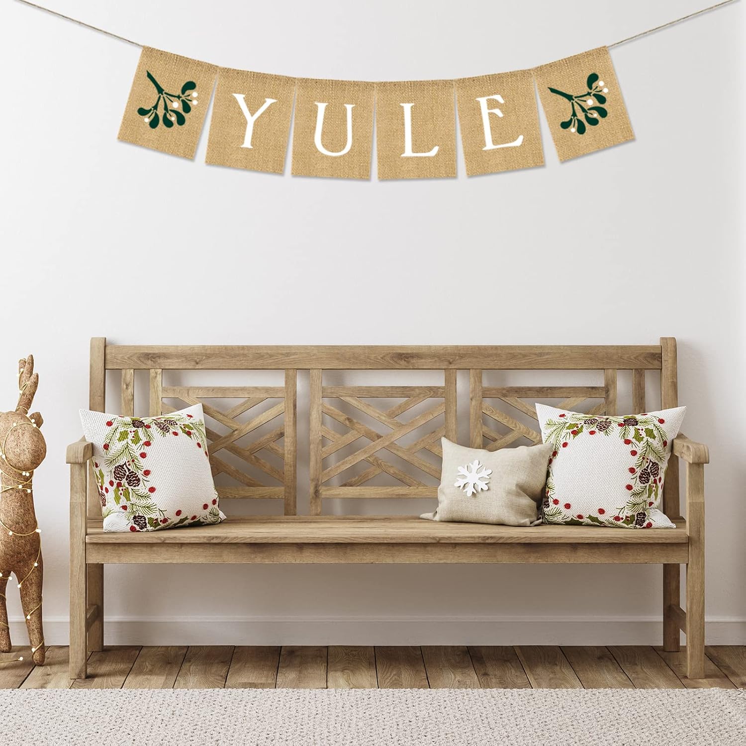 Yule Burlap Banner Rustic Christmas Mistletoe Hanging Banner Pre-Assembled Xmas Bunting Garland Celebration Hanging Decorations For Christmas Party Supplies Home Decoration