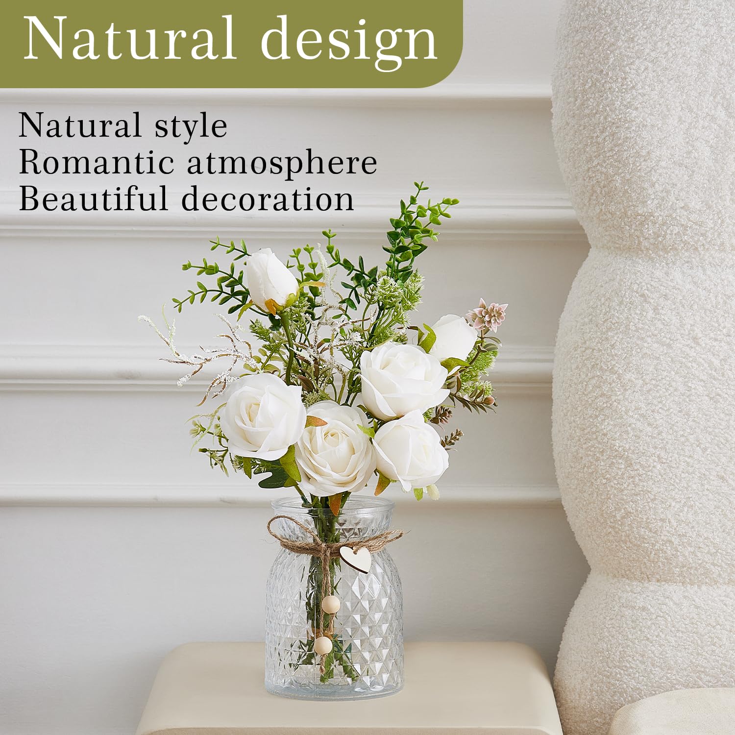 Fake Flowers With Vase, Faux Flowers In Vase, White Silk Rose Artificial Flowers Bulk Arrangements For Home Decor For Living Room Bathroom Office Table Centerpiece Shelf Decorations