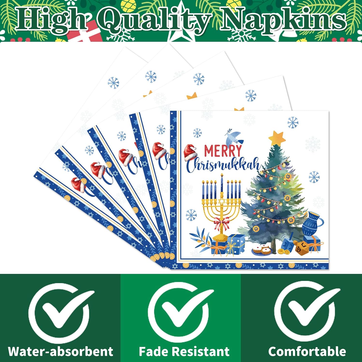 Merry Chrismukkah Paper Napkins Party Decorations, 100Pcs Christmas And Hanukkah Disposable Paper Napkin Decoration, Chanukah Holiday Kitchen And Xmas Dinner Towels Table Decor