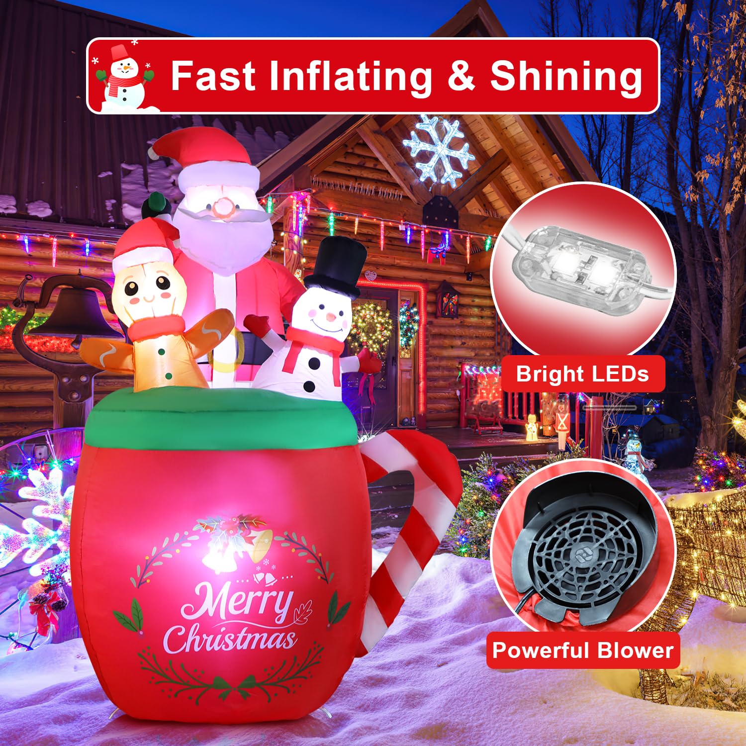 6 Ft Christmas Inflatables Outdoor Decoration, Santa Claus Snowman Gingerbread Man In Xmas Mug For Outdoor Christmas Dec