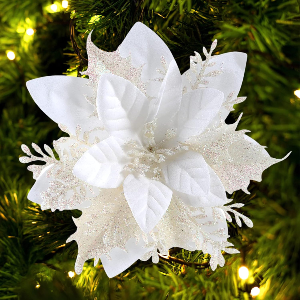 Christmas Poinsettia Artificial Flowers Decorations 5.5" Christmas Tree Wreaths Garland Decoration 12 Pcs Glitter Flowers Picks Decor For Xmas New Year Wedding Party Ornaments (White)