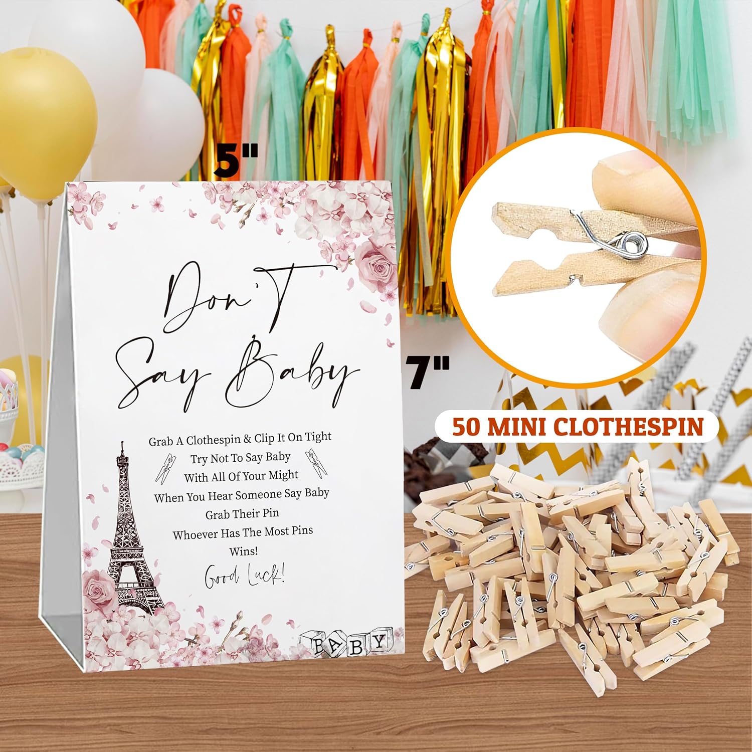 French Paris Baby Shower Games, Don'T Say Baby Game (One Sign With 50 Mini Clothespins), Paris Eiffel Tower Theme Babyshower Decorations, Gender Reveal Game-Dsbb14