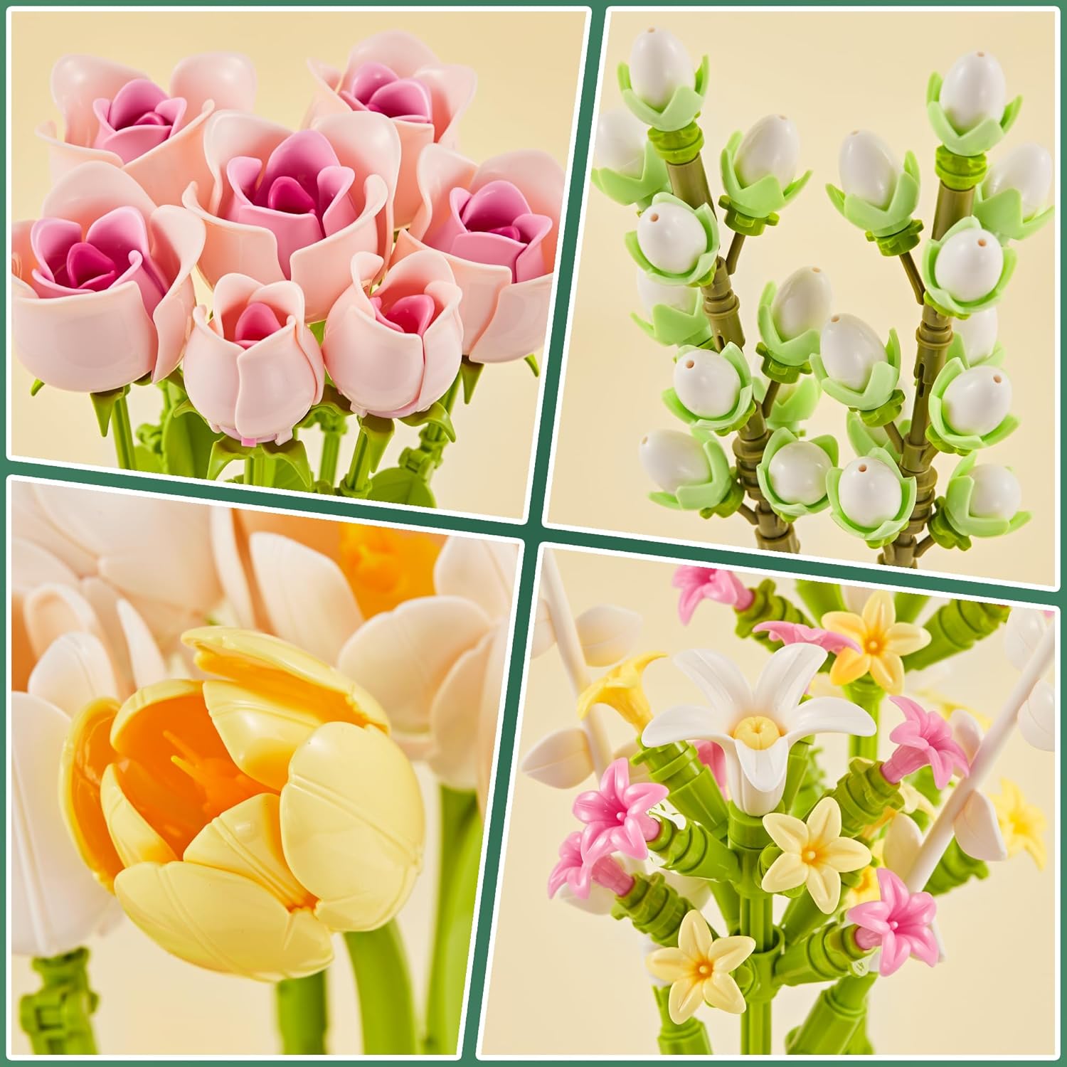 Tulip Rose Flowers Building Sets, Valentine'S Day For Her, Flower Bouquet Compatible With Lego Flowers, Gift For Adults Mother Women Girl Girlfriend, Plant Botanical Collection Home Decor