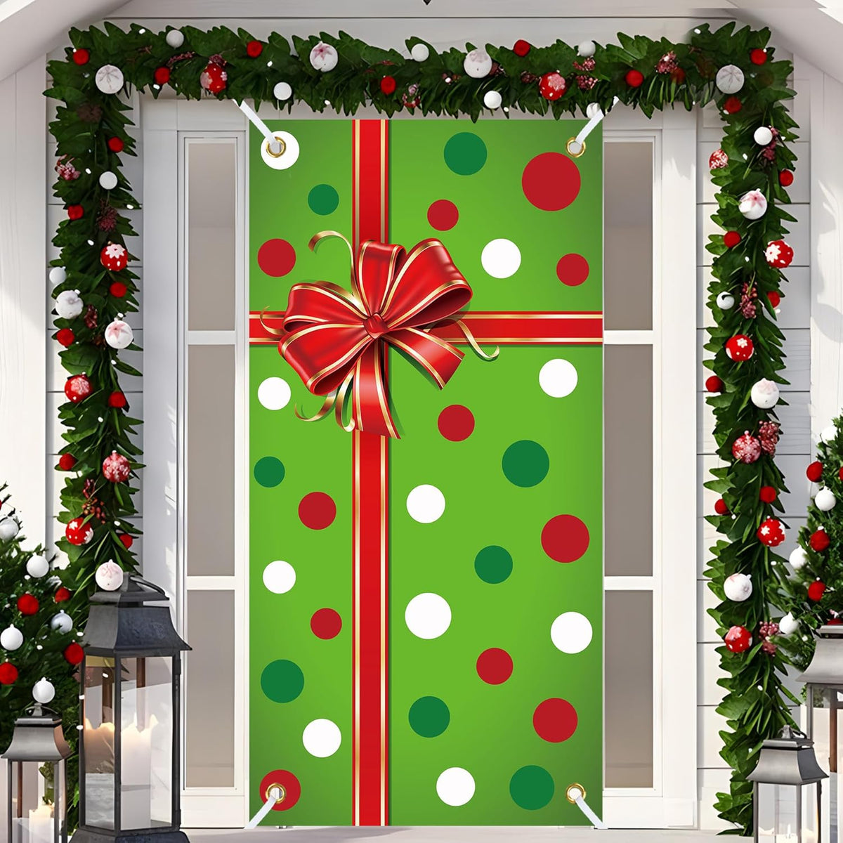 Christmas Door Cover Xmas Gift Box Door Hanging Banner Merry Christmas Front Doors Cover Backdrop Decorations For Holiday Indoor Outside Party Supplies, 70.9 X 35.4 Inch(Green Polka Dots)