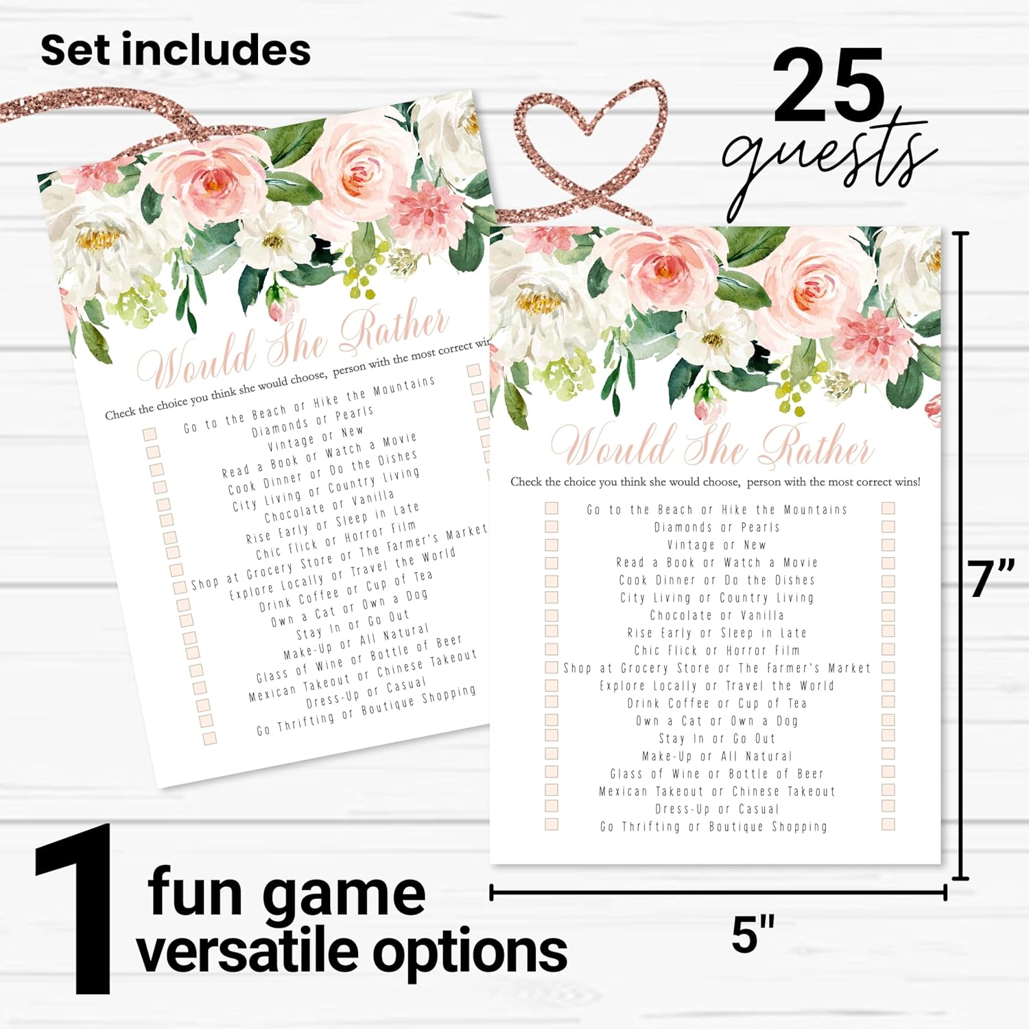 Graceful Floral Bridal Shower Games - 25 Cards - Would She Rather - Elegant Pink Floral Design For Bridal Showers, Wedding Receptions & Birthday Activities - 5X7 Pack Who Knows The Bride Best