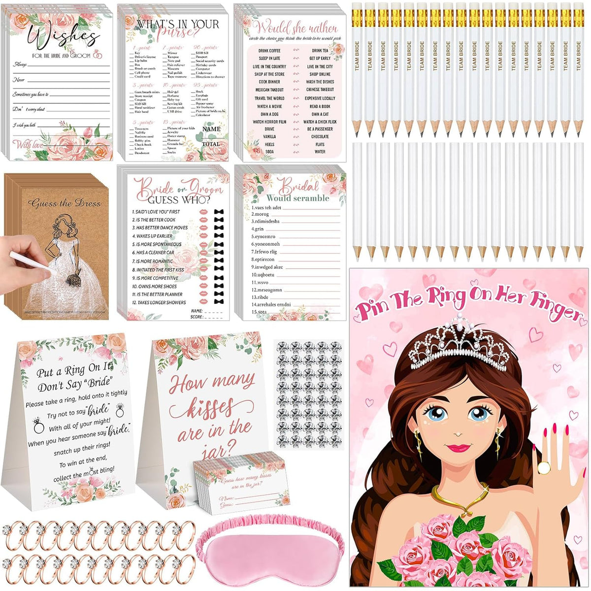 9 Sets Wedding Bridal Shower Games For 50 Guests - Put A Ring, Would She Rather, Guess The Dress, How Many, Guess Sex, Pin The Ring, Wishes