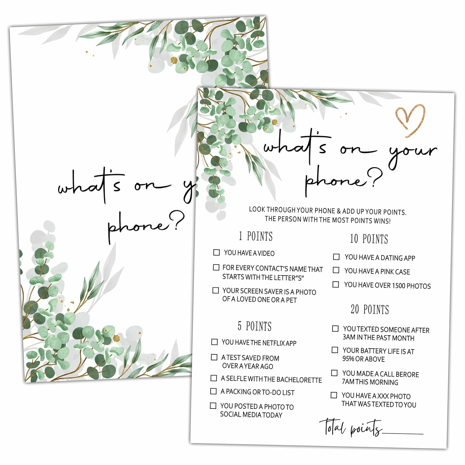 Bridal Shower Party Games, Minimalist Wedding Shower Game For Adults, 25 Eucalyptus Greenery Engagement Party Games Cards (5" X 7"), Bachelorette Party Supplies Decorations -01