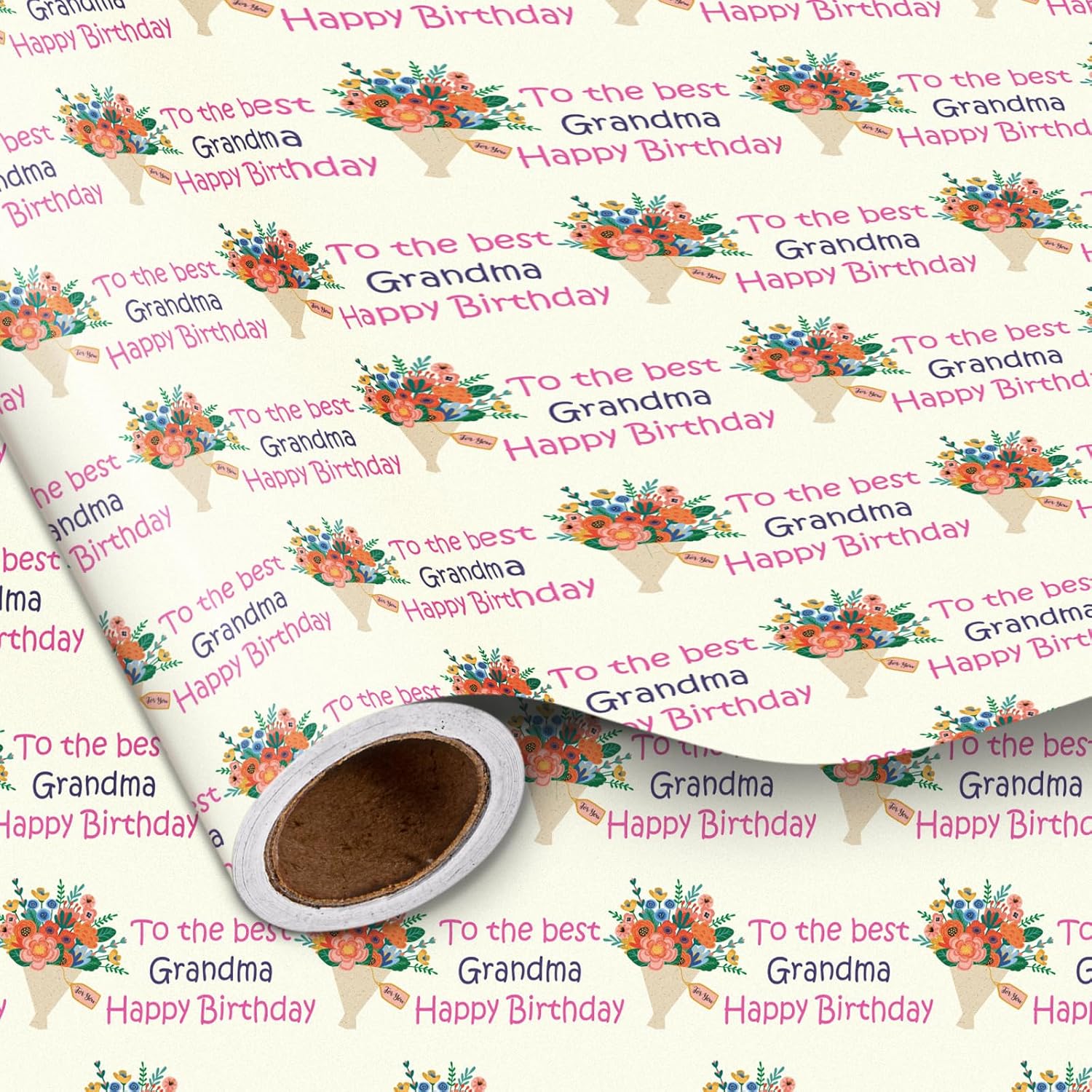 Grandma'S Birthday Wrapping Paper Roll, To The Best Grandma, Happy Birthday & Flowers Design Gift Wrap For Grandmother'S Birthday?For Older Women, Mini Roll, 17 Inches X 16.4 Feet