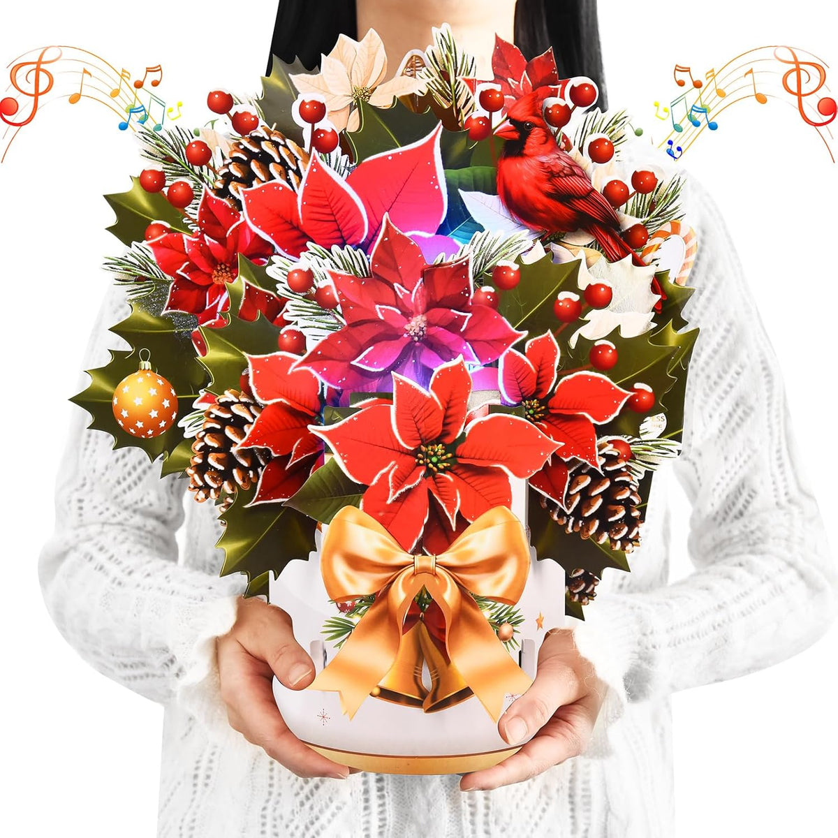 Pop Up Christmas Cards With Lights And Music, 12 Inch Paper 3D Poinsettia Bouquet Design, Musical Xmas Flower Popup Greeting Card With Note Card & Envelope For Christmas Holiday Decoration
