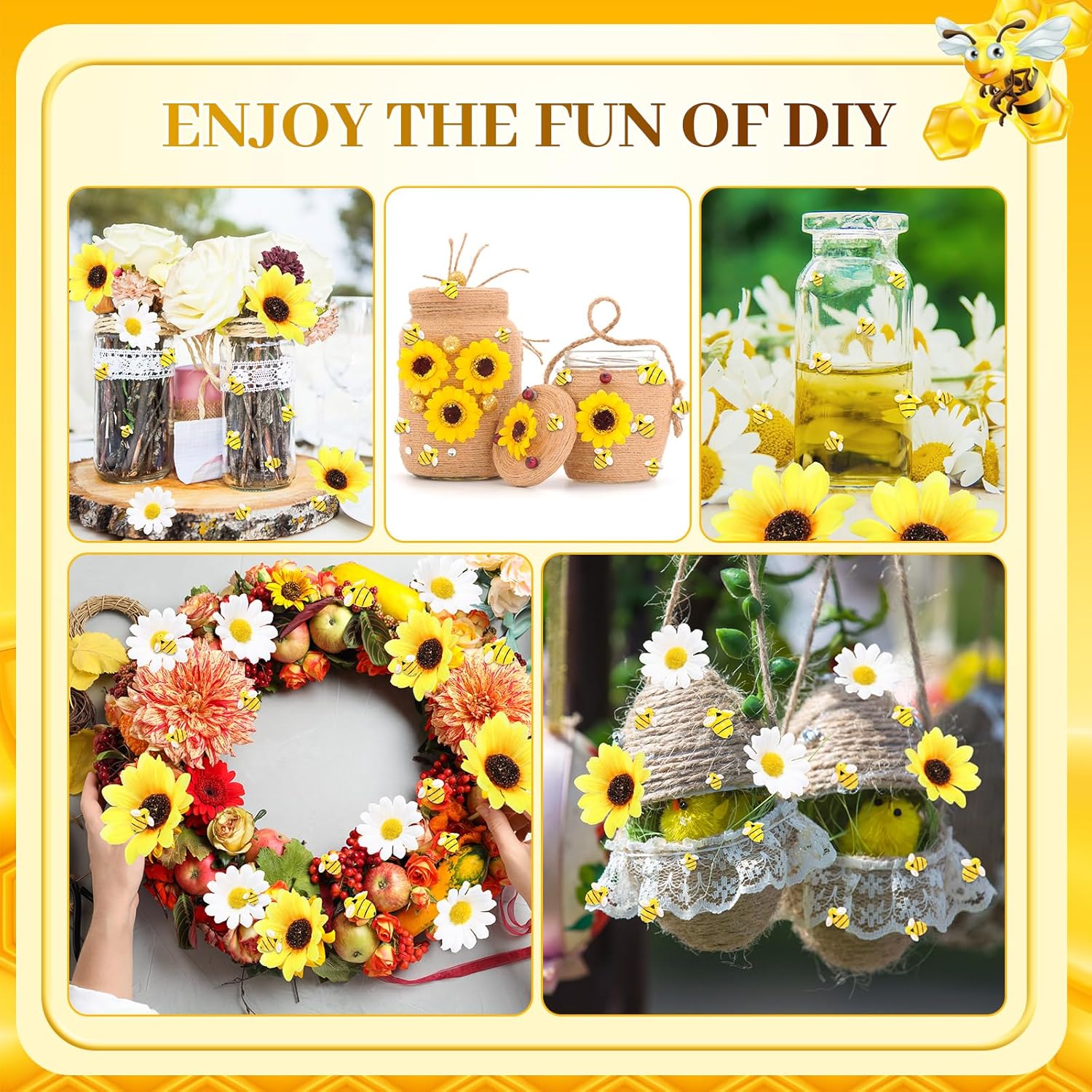 166 Pcs Artificial Sunflower Heads Tiny Bees Craft Decoration Fake Faux Silk Daisy Decoration Fabric Daisy Flower Head With Jute Rope For Party Wedding Diy Decor(Yellow And White,Single Size)