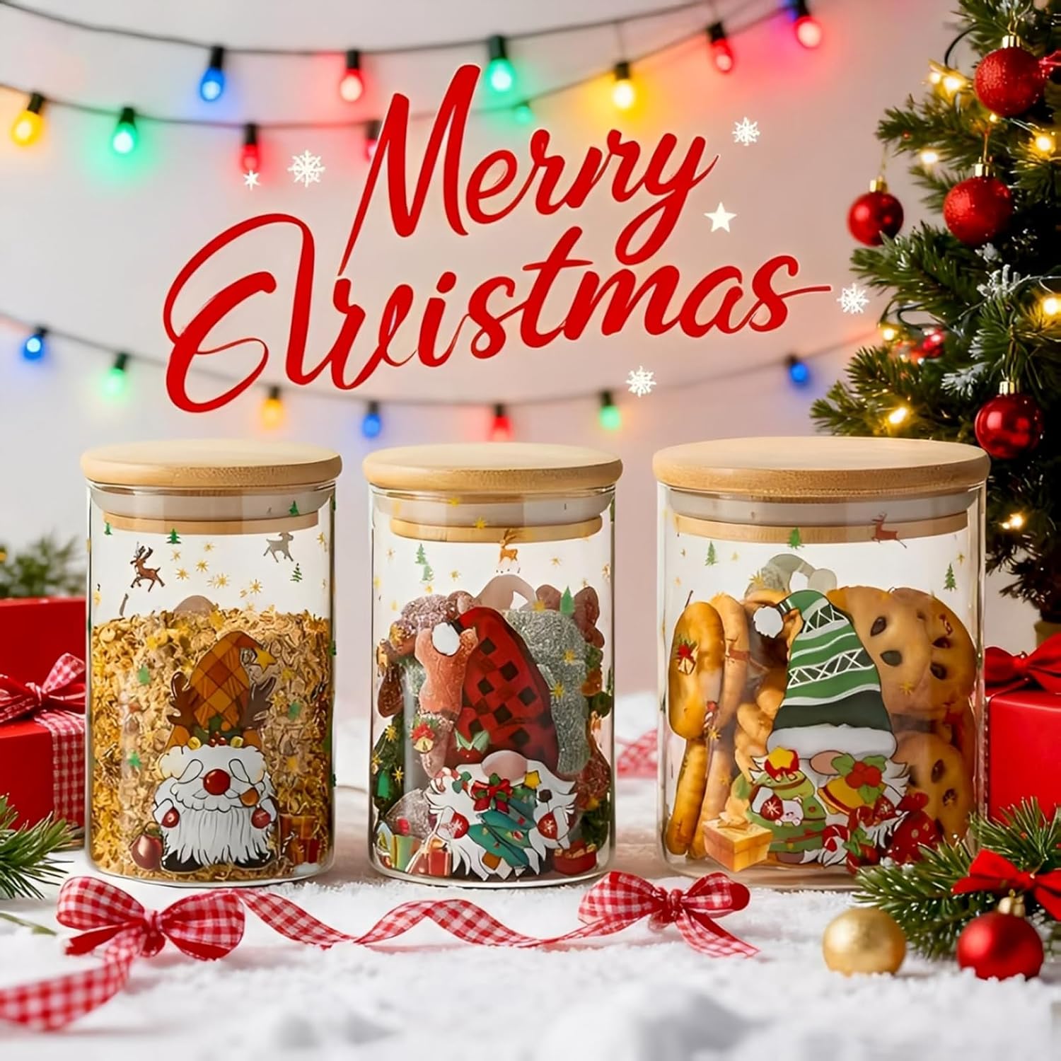 Christmas Glass Jars With Bamboo Lids - Glass Pantry Storage Containers With Lids For Winter Xmas, Christmas Kitchen Decor, Cookie Jar & Candy Jars-Set Of 6 (3 Large & 3 Small)
