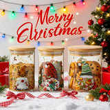 Christmas Glass Jars With Bamboo Lids - Glass Pantry Storage Containers With Lids For Winter Xmas, Christmas Kitchen Decor, Cookie Jar & Candy Jars-Set Of 6 (3 Large & 3 Small)