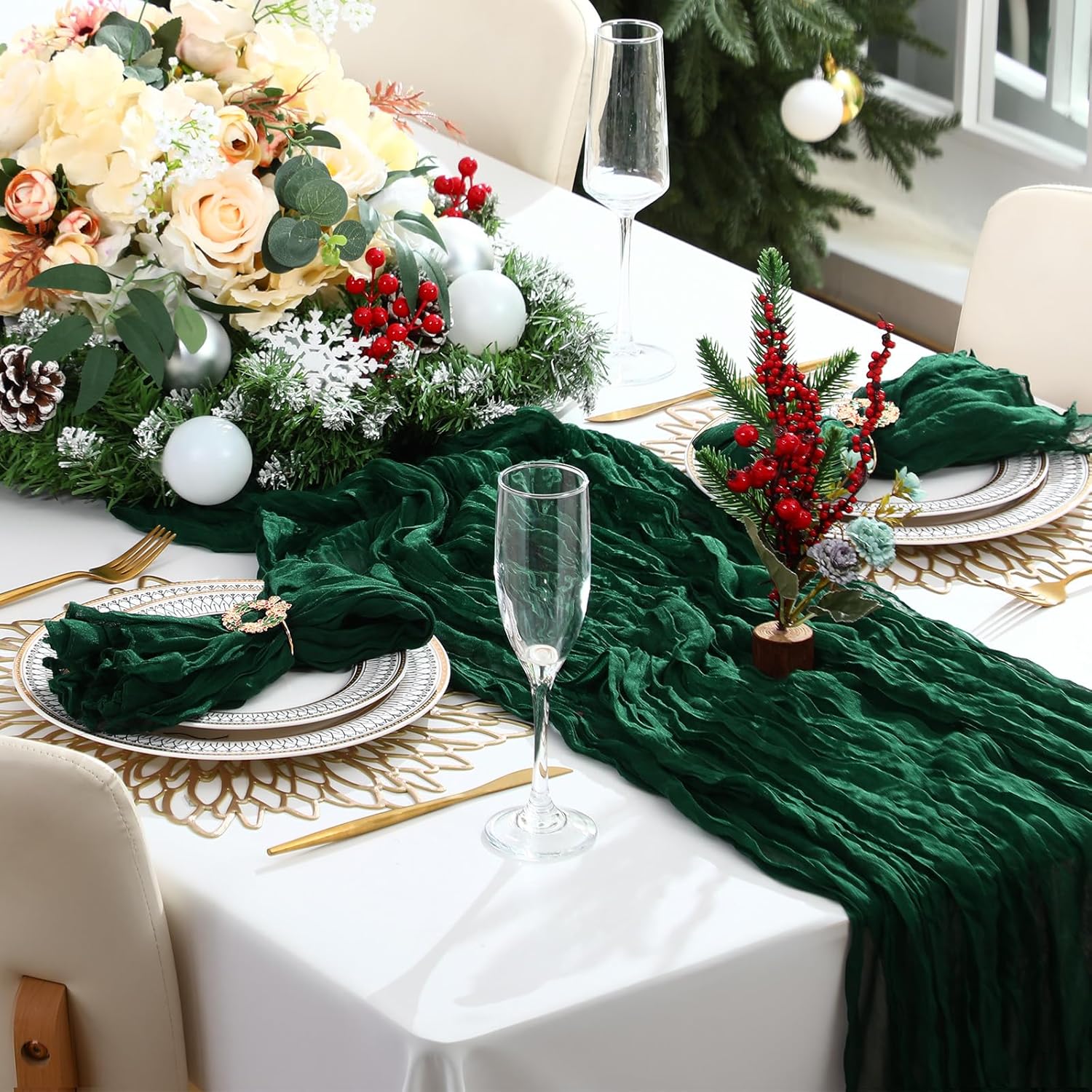 2 Pack Christmas Table Runners 12 Pcs Cheesecloth Napkins With 12 Pcs Metal Napkin Rings For Xmas Party Decorations 10Ft Green Cheese Cloth Table Runners Set(Wreath)