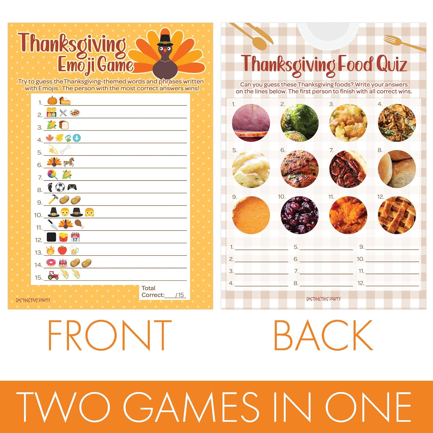 Thanksgiving Party Games, Turkey Emoji Game And Thanksgiving Food Quiz 2 Game Bundle - 25 Dual Sided Cards