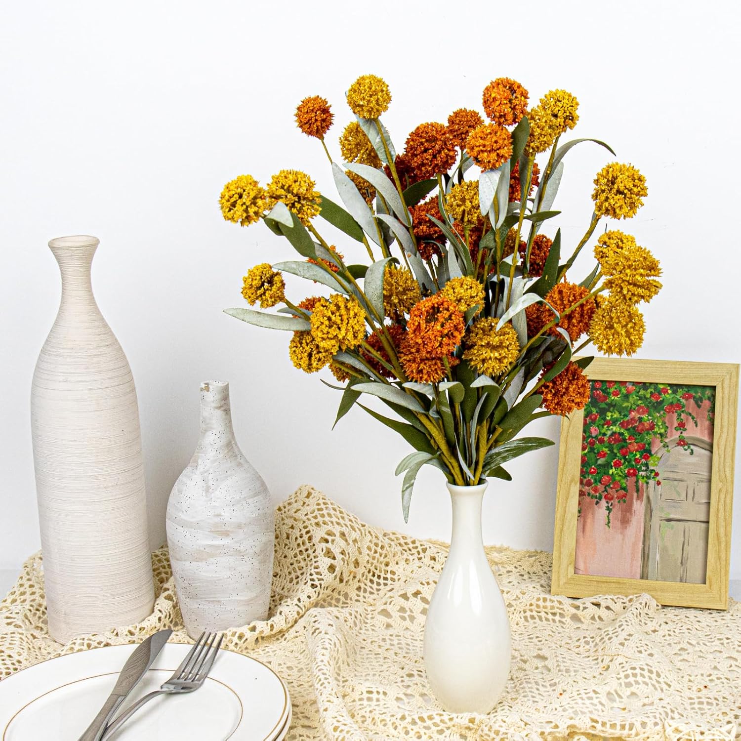 6 Pcs Artifical Fall Flowers 17 Inches Fall Floral Picks Faux Autumn Branches With Craspedia Billy Balls Flowers For Vase Table Centerpieces Living Room Indoors Decor (Orange And Yellow)