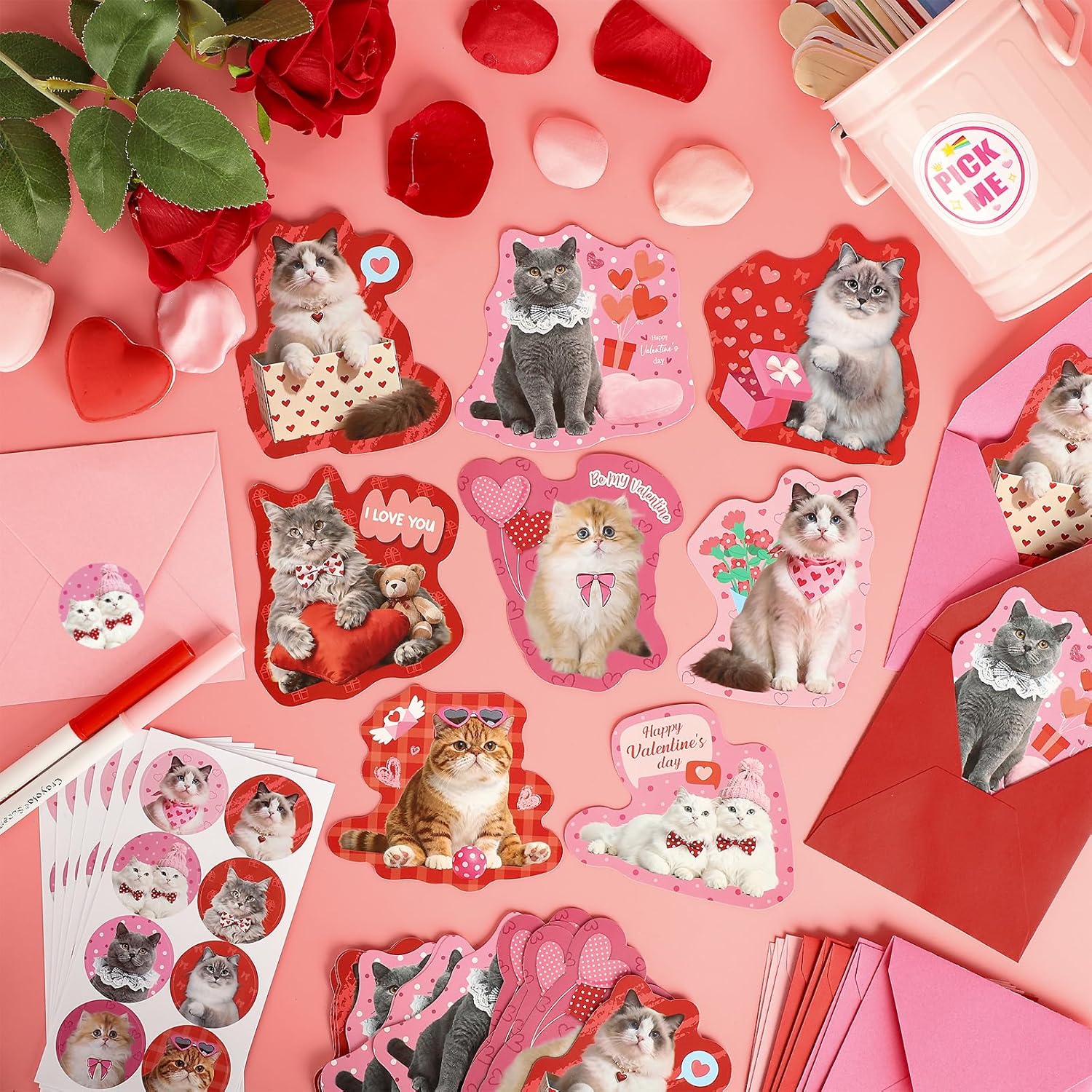 48 Sets Assorted Cat Valentines Days Cards For Kids Classroom School Cute Cat Valentines Cards With Envelops Stickers Greeting Cute Pet Love Cards For Girls Boys Kids Party Gift Exchange Brithday Supplies Favors Double Sided Printing