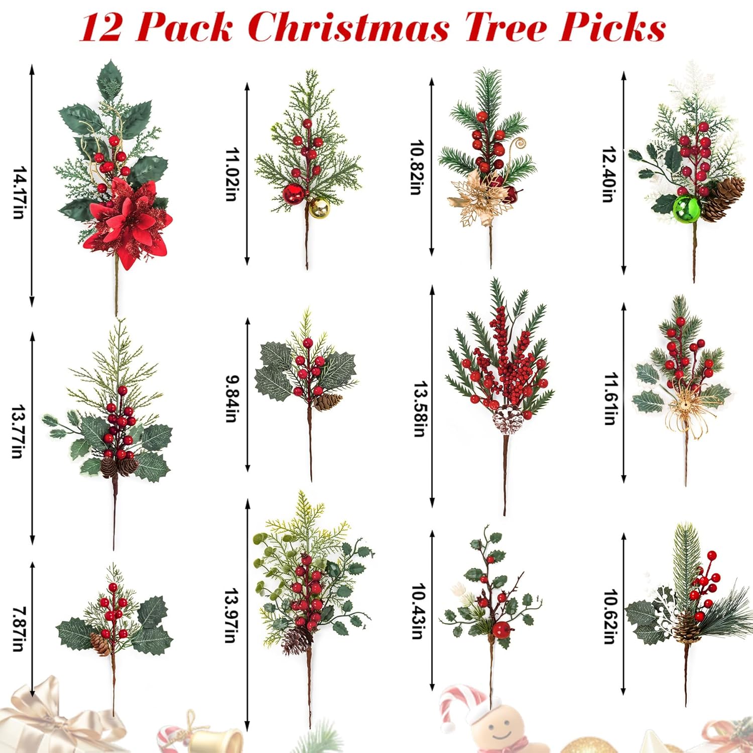 12 Pack Artificial Christmas Floral Picks, Assorted Red Berry Stems Sprays Pine Cones Faux Branches Sprigs Holly Leaves For Xmas Winter Arrangement Wreath Crafts Tree Decor