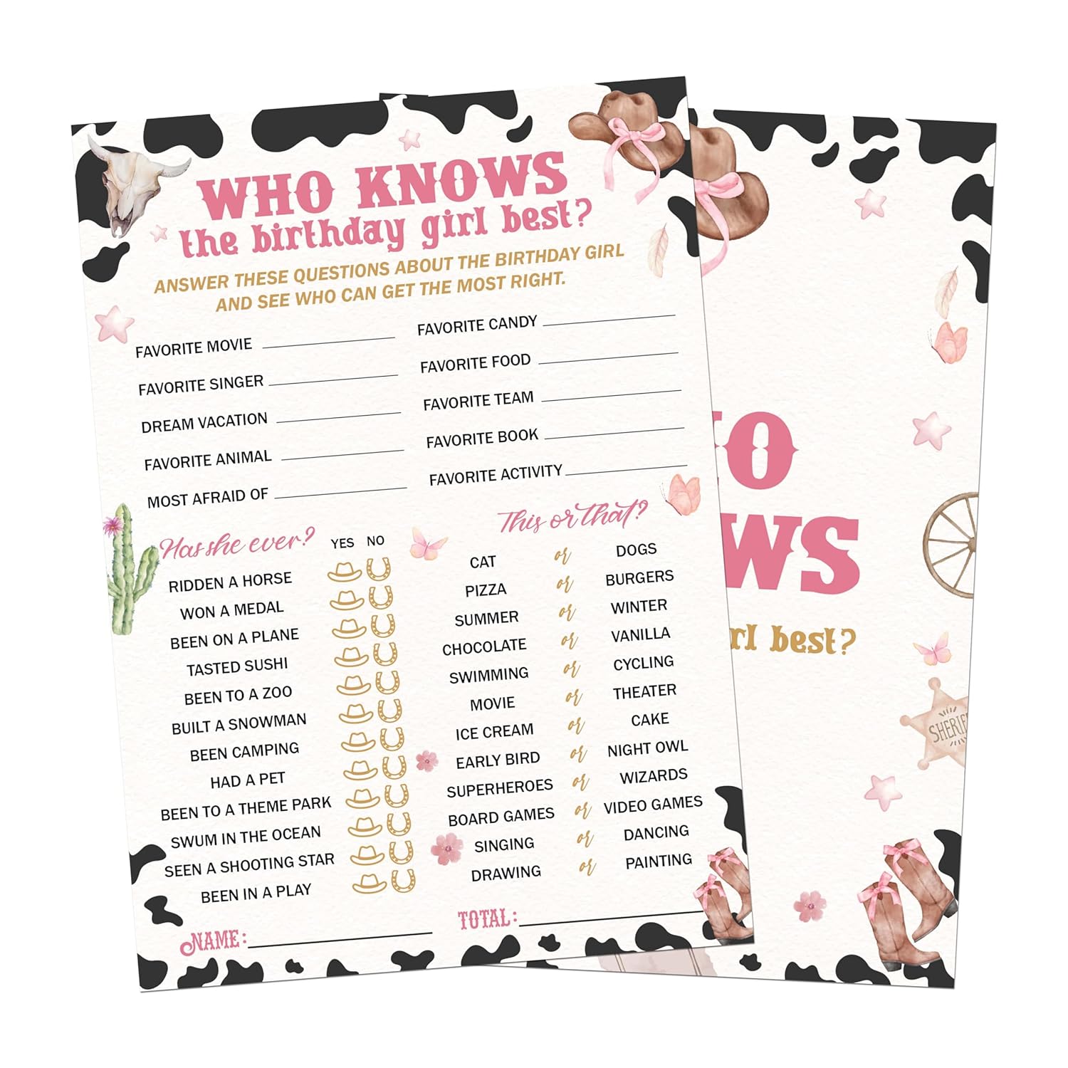 Birthday Games, 25 Pcs Cowgirl Who Knows The Birthday Best Game Cards, Sleepover Slumber Party Decorations Supplies Favors - A02