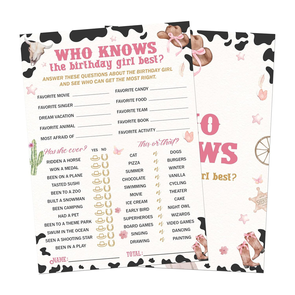 Birthday Games, 25 Pcs Cowgirl Who Knows The Birthday Best Game Cards, Sleepover Slumber Party Decorations Supplies Favors - A02