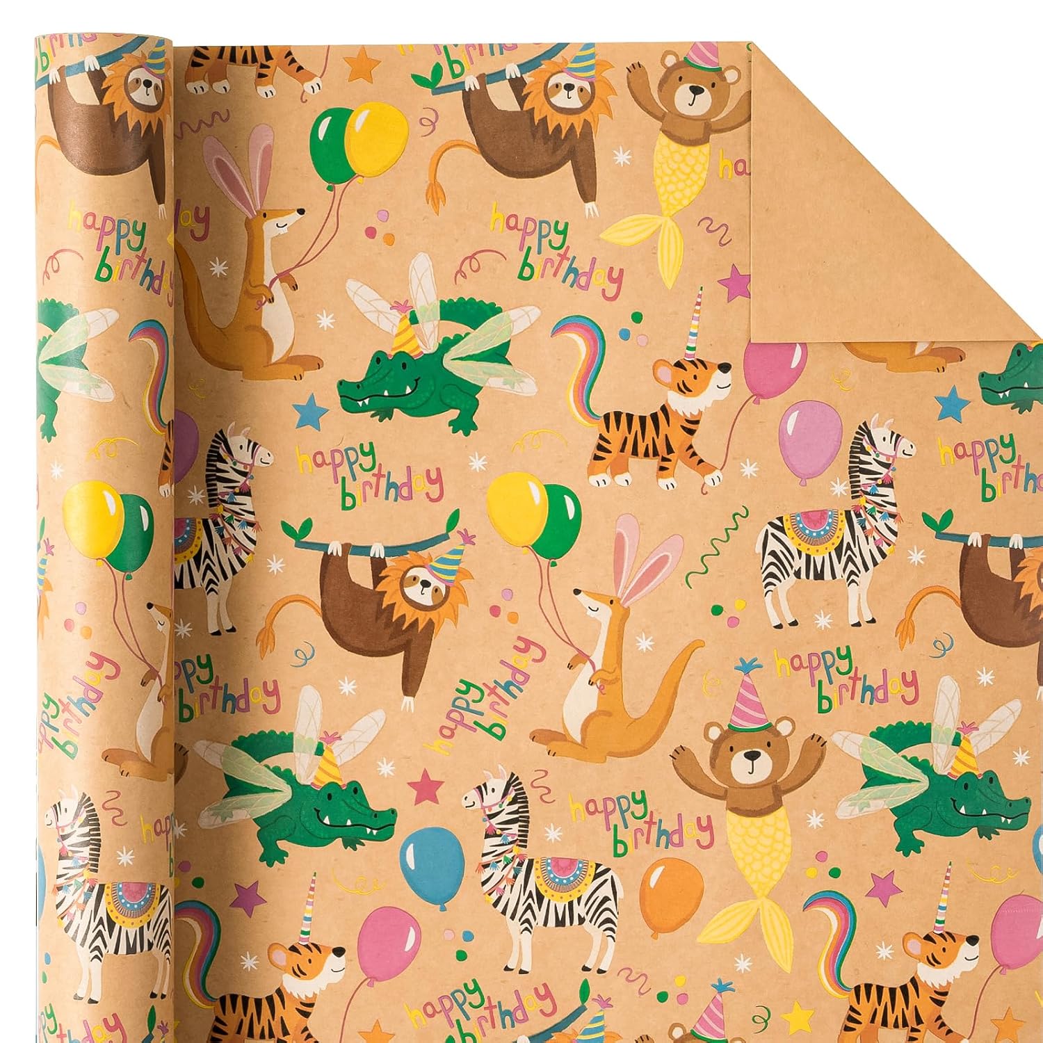 Kraft Animal Birthday Wrapping Paper Roll - Mini Roll - 17 Inch X 16.5 Feet - Animal Happy Birthday Wrapping Paper Perfect For Kids, Baby Shower