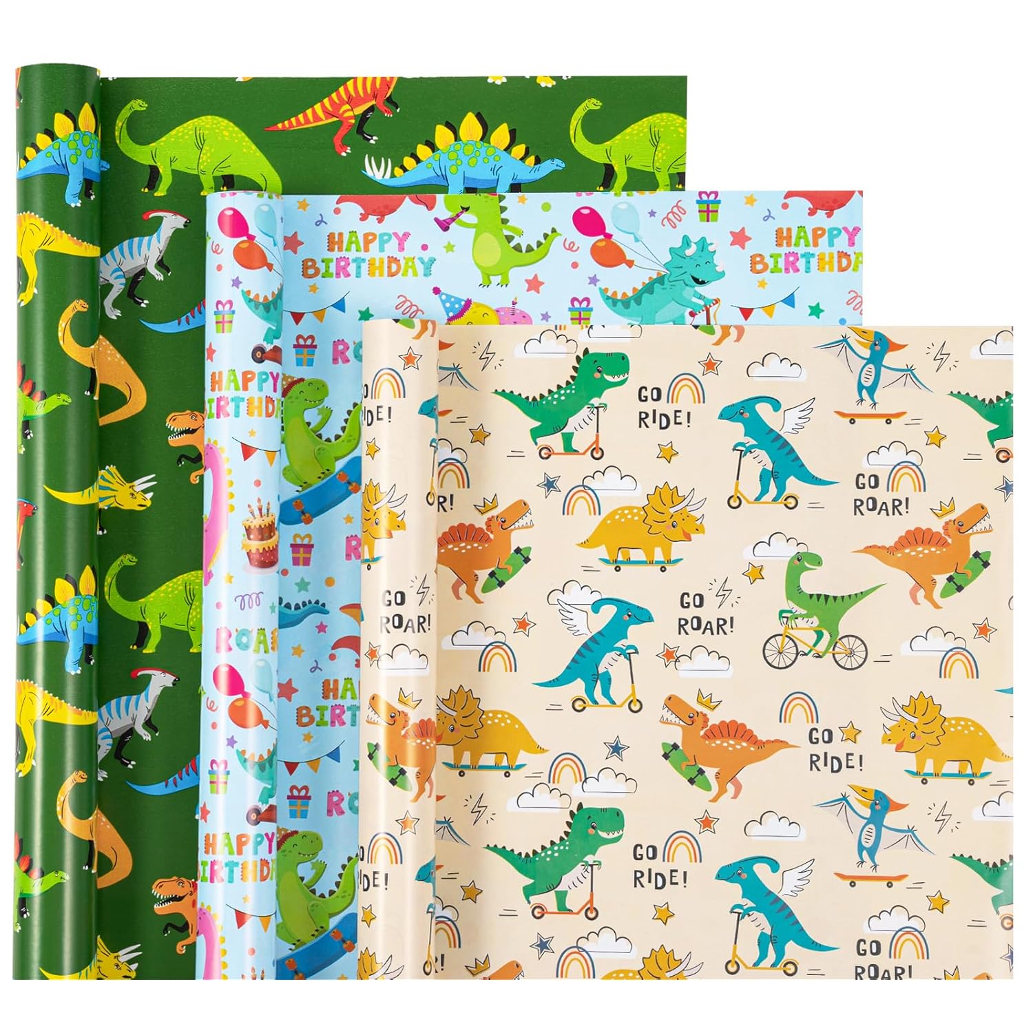Dinosaur Wrapping Paper Roll - 3 Short Roll - Dinosaur Happy Birthday Wrapping Paper For Kids Boys Birthday, Dinosaur Party Favor - 17 Inch X 120 Inch Per Roll