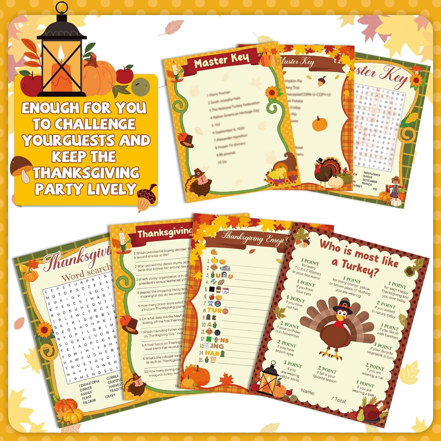 131 Pcs Thanksgiving Party Games Set 25 Players Thanksgiving Trivia Word Search Who Is Most Like A Turkey Game Card With Pencils For Family Friend Group Activities Fall Harvest Party Supplies