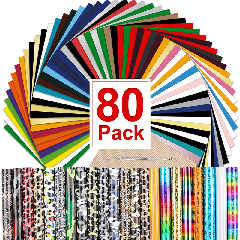 Htv Heat Transfer Vinyl Bundle: 80 Pack 12" X 10" Iron On Vinyl For T-Shirt, 5