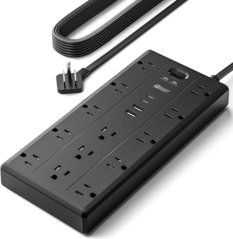 Surge Protector Power Strip 13 Outlets 4 USB Ports 2 USB C 10FT Flat Plug Extension Cord 2100J