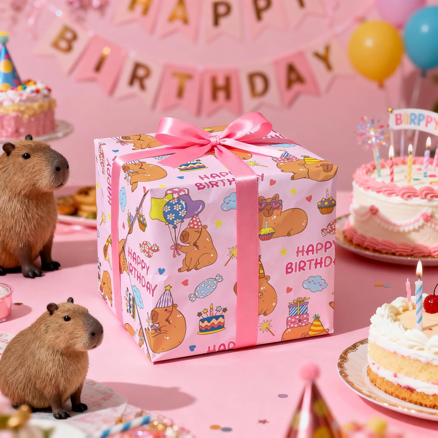 Pink Capybara Birthday Wrapping Paper Roll, Cartoon Capybara With Gifts, Balloons Cake Design For Kids Birthday Parties & Gift Wrapping, Mini Roll 17 In X 16.4 Feet